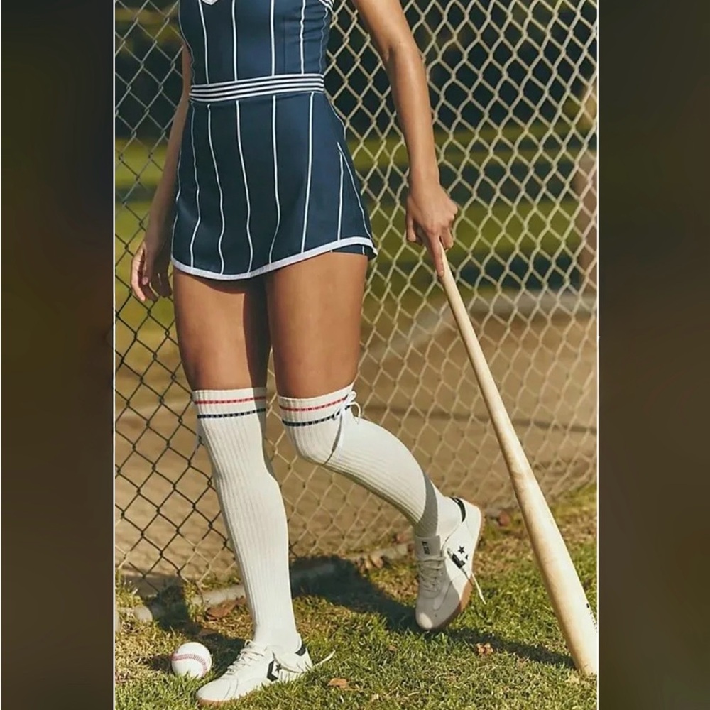 Free People Kick Off Solid Layer knee high socks white red blue bow retro new - Picture 4 of 8